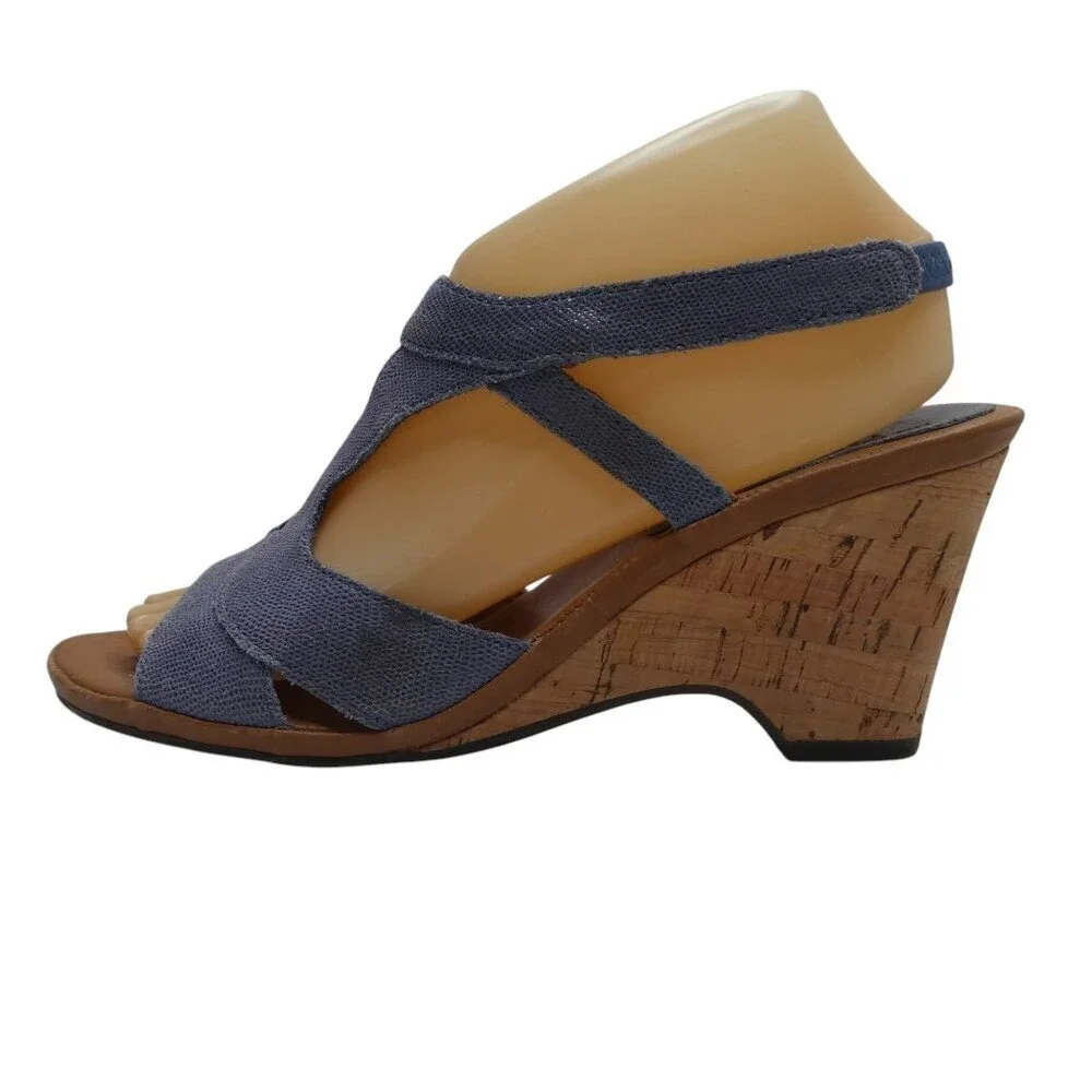 The FLEXX Wedge‎ Sandal Women 8.5 Blue Textured Leather Cork T-Strap Slingback